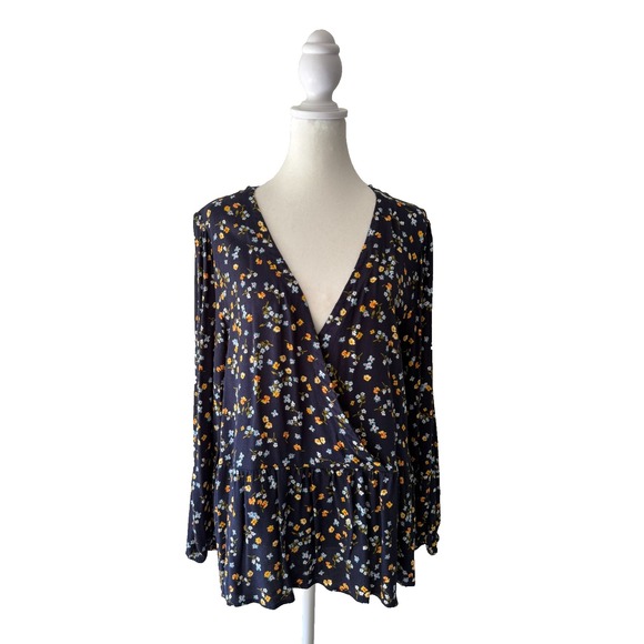 LOFT Tops - LOFT Women's L Navy Floral Print Faux Wrap V-Neck Long Sleeve Peplum Hem Blouse